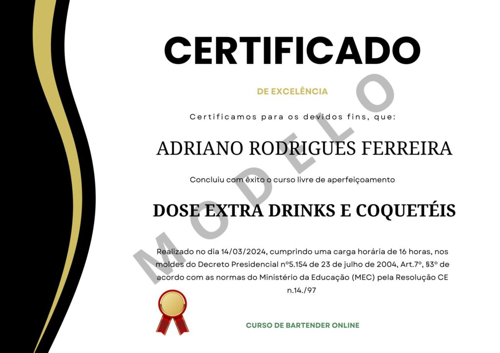 Certificado do Livro de drinks